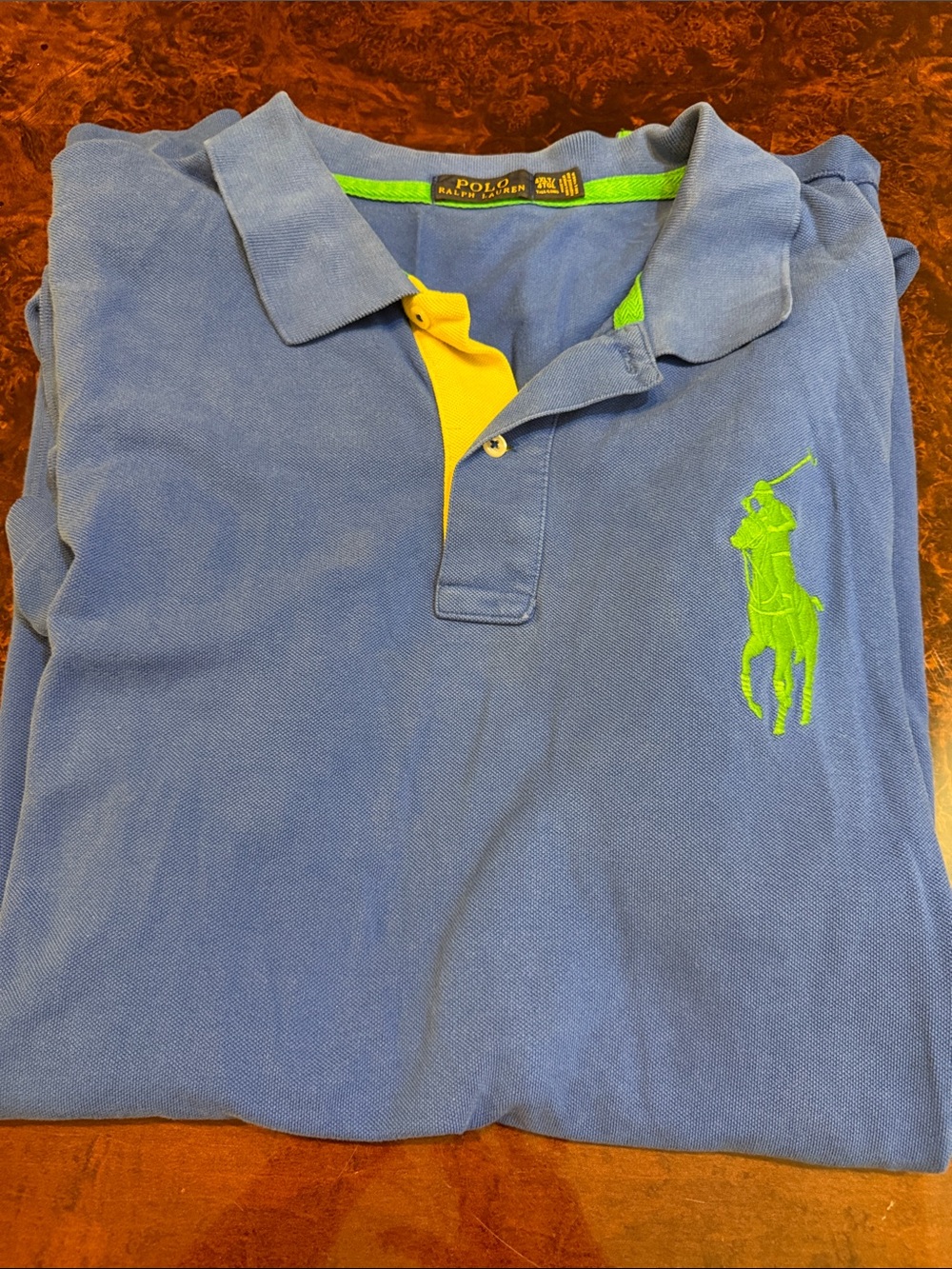 Ralph Lauren mens Big and tall Blue Polo with Lime Green Pony and Yellow Placket